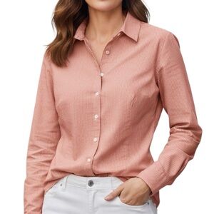 Chico's Blouse Top Silver Red  Striped Long Sleeve Buttons Down 2(US M) NWOT